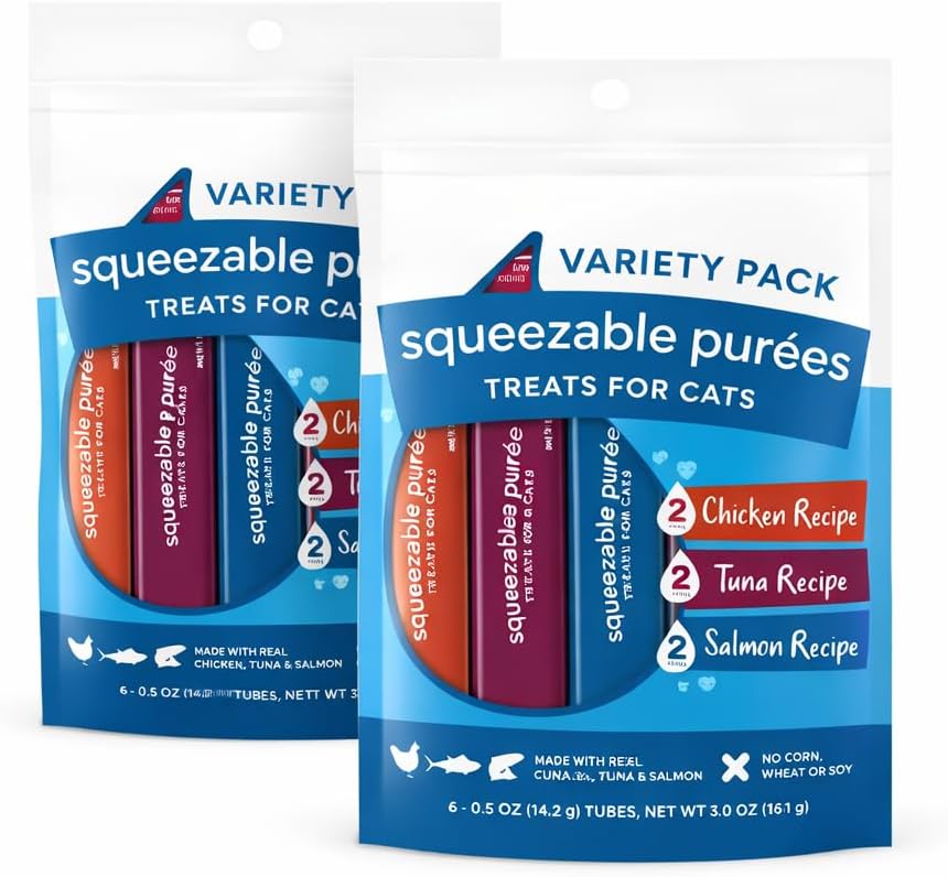 Lickable Squeezable Cat Treats Grain Free Puree Variety Pack 12 Tubes Total Chicken Tuna Salmon Creamy Wet Treats for Picky Eaters Kittens Adults High Protein High Moisture Food Topper Bonding Snack