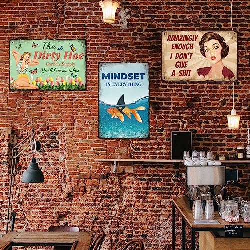 GLOBLELAND Goldfisch-Hai-Vintage-Metall-Blechschild Kunstplakette Poster Retro „Mindset Is Everything“ Metallwand-Dekorative Blechschilder 12x8inch Für Zuhause Küche Bar Café Club Sommer Dekoration