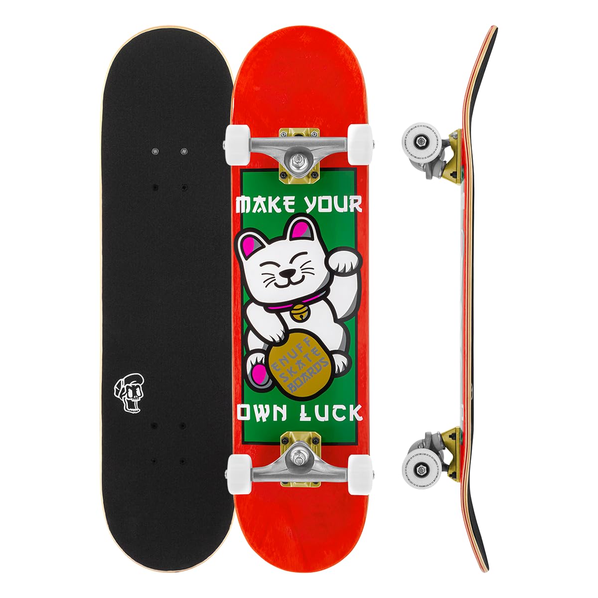 Enuff Lucky Cat Complete Skateboard - 7-warstwowy klonowy pokład i komponenty premium: Decade Pro Trucks, koła 53 mm XX, łożyska ABEC-9, taśma z uchwytem ikony czaszki
