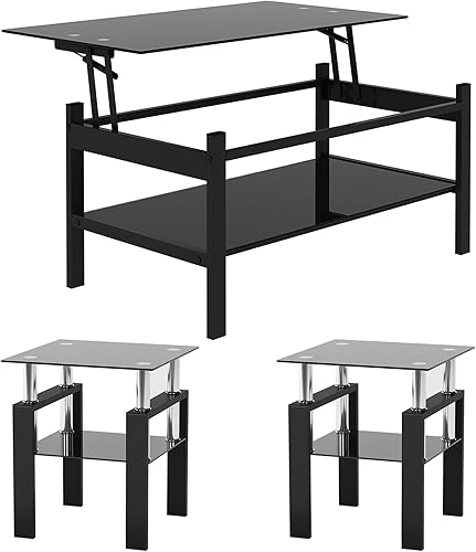 Juego de 3 mesas auxiliares y mesa auxiliar de cristal, diseño clásico de 2 niveles, parte superior de vidrio templado y patas de metal sólido, uso disponible en Yaxa Mexico