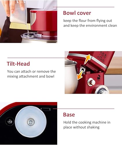 Miniatura 8 de Batidora eléctrica de pie de cocina, tazón de 500 W, 6.5 cuartos de galón y 6 velocidades con batidor de huevo, gancho para masa, látigo de alambre