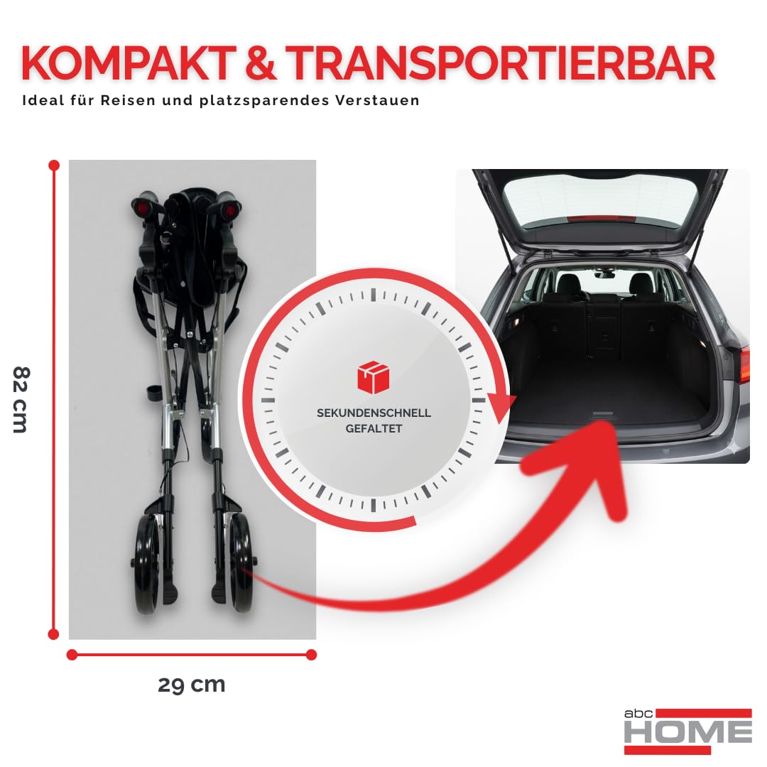 abc HOME Alu Rollator Leichtgewicht 7,3 kg – Klappbarer Reiserollator bis 130 kg – Gehhilfe mit Ankipphilfe, Sitz & Tasche – Höhenverstellbar & Silber/Schwarz