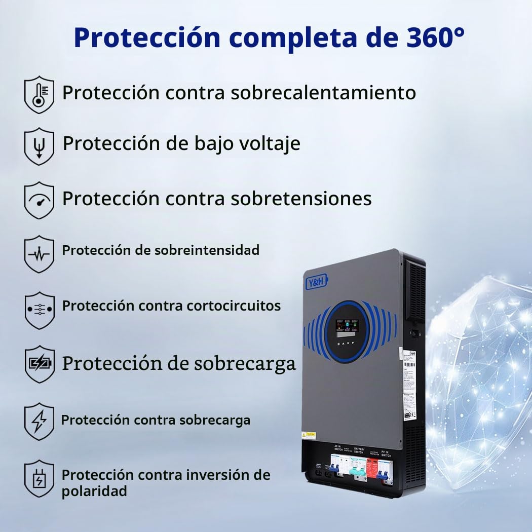Y&H Inversor solar híbrido de 6200 W, CC 48 V a CA 230 V, onda sinusoidal pura, arranque sin batería, con cargador solar MPPT de 120 A, para 48 V LiFePO/ácido de plomo, sistema solar para casa y