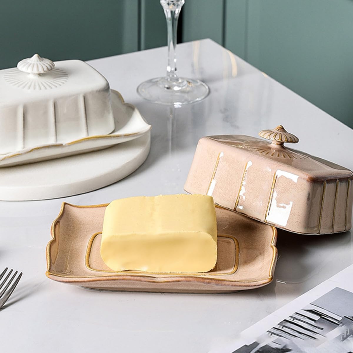 VALICLUD Beurrier Plat à Beurre Rectangulaire Khaki en Céramique avec Couvercle Conserve la Fraîcheur et Réduit Odeurs pour Maison et Restaurants au Réfrigérateur