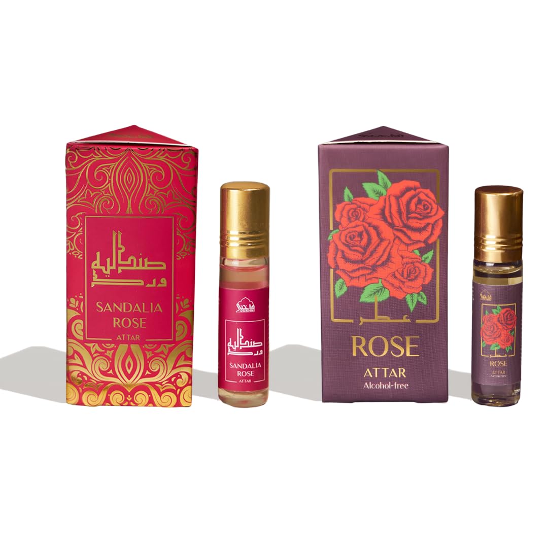 Sandalia Rose & Rose Attar Oil by Dukhni | 14+ hr Long Lasting Chandan and Gulab Perfume Oils for Men and Women | 2 x 6ml Ittar Roll On Perfume, Sandalwood scent oil, itra khushboo for puja