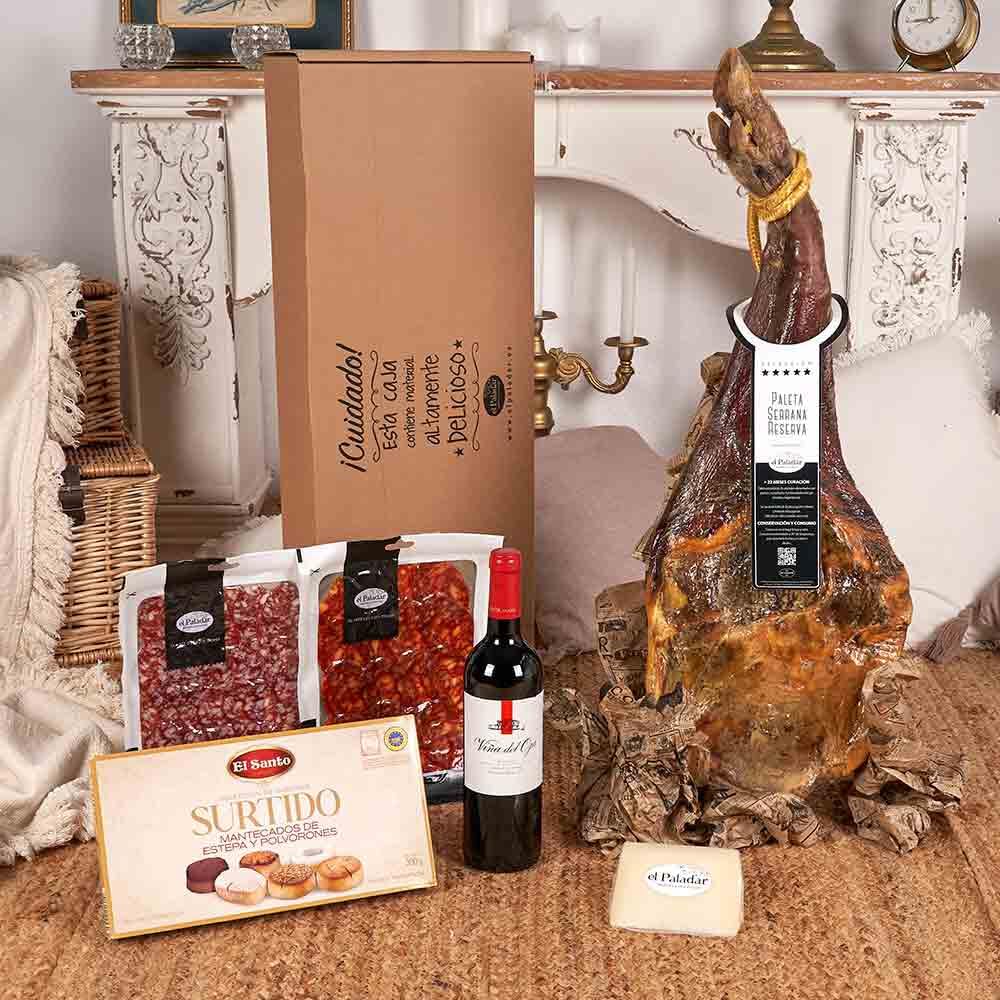 CESTA DE NAVIDAD - LOTE PALETA 140-25 con paleta serrana reserva 5 kg, vino Viña del Oja joven, queso curado, ibéricos y polvorones en caja regalo