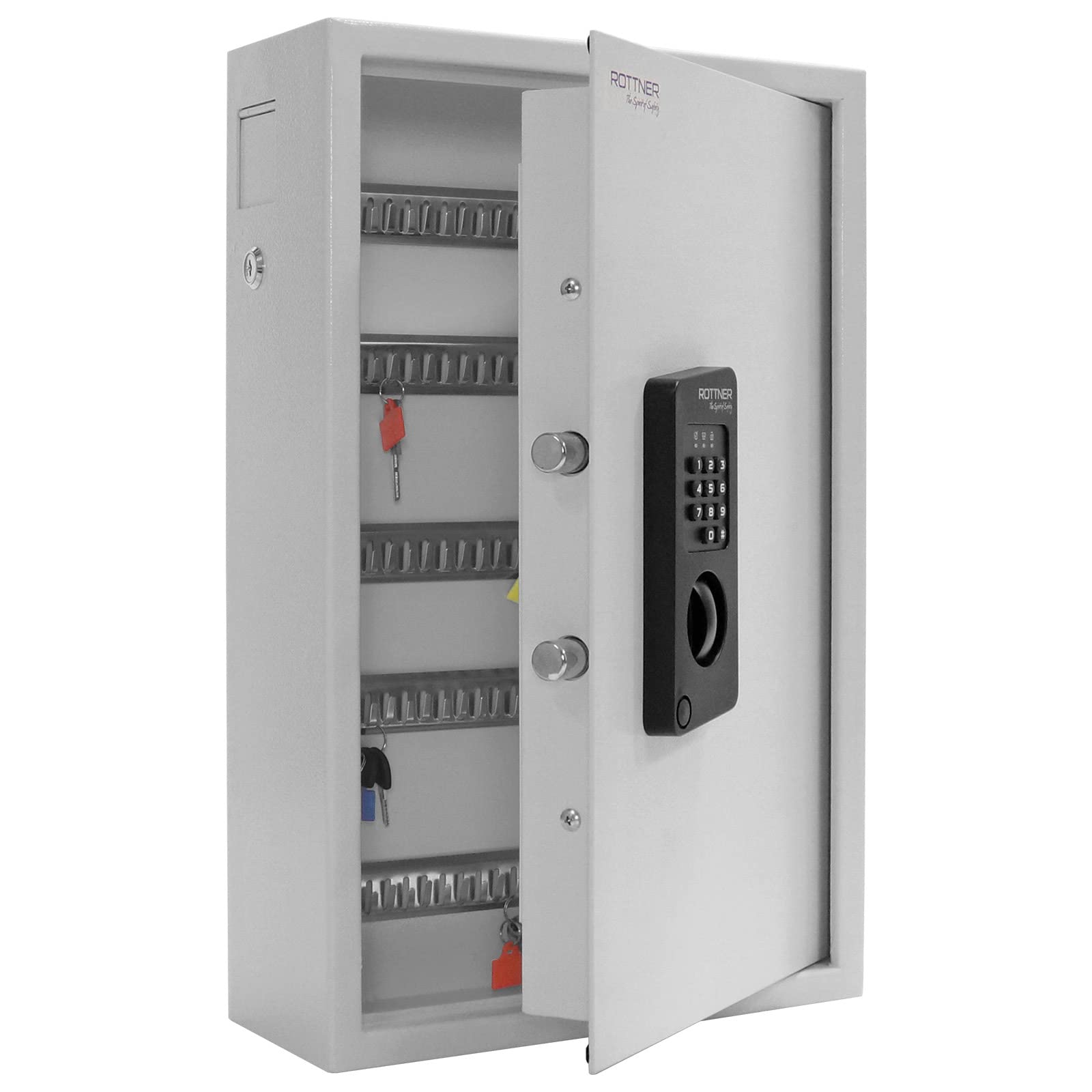 Rottner Keytronic 100 Schlüsseltresor Stahl Elektronikschloss mechanische Notöffnung Hakenleiste verstellbar 100 Schlüsselanhänger gratis inkl. Befestigungsmaterial
