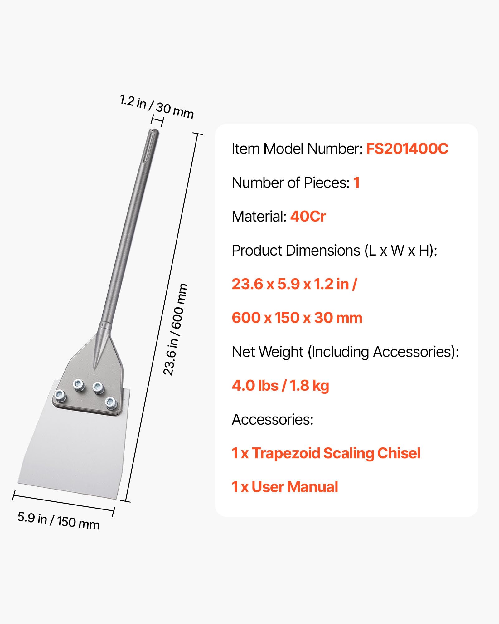 VEVOR Skrobak podłogowy SDS Max, dłuto płaskie 600 x 150 mm, akcesoria kompatybilne z młotem udarowym, dłutem szpatułkowym ze stali stopowej 40Cr hartowanej, do usuwania płytek, zaprawy i wykładzin