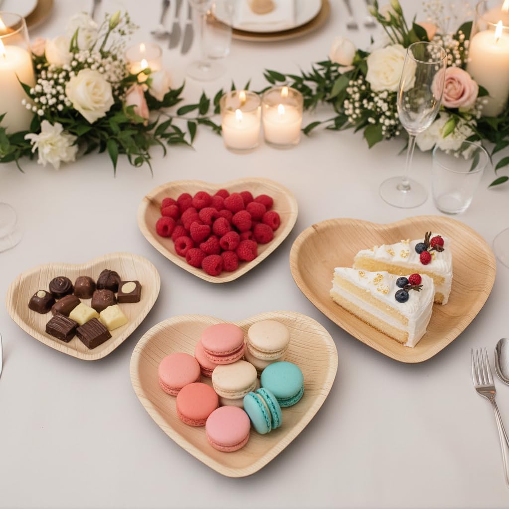 Charity Leaf Platos desechables con forma de corazón de hoja de palma de 12 pulgadas (25 piezas) de bambú, tablas desechables, vajilla ecológica para San Valentín, bodas, catering, eventos
