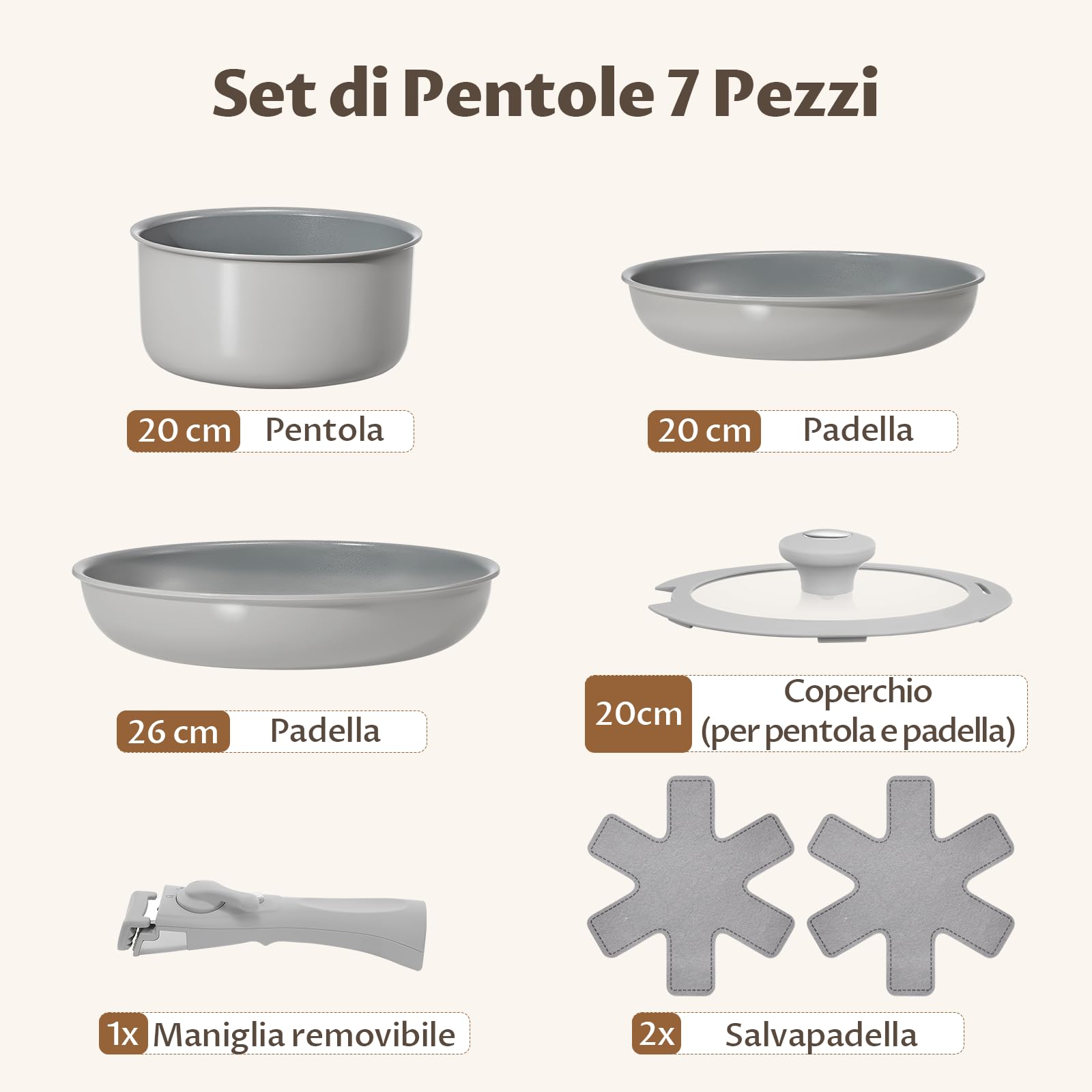 BLAZANT Set di 7 Pentole e Padelle, Padelle Antiaderenti in Ceramica | Riscaldamento uniforme, Manici Rimovibili per Campeggio, Salvaspazio, Non Tossiche, Senza PTFE, Senza PFOA
