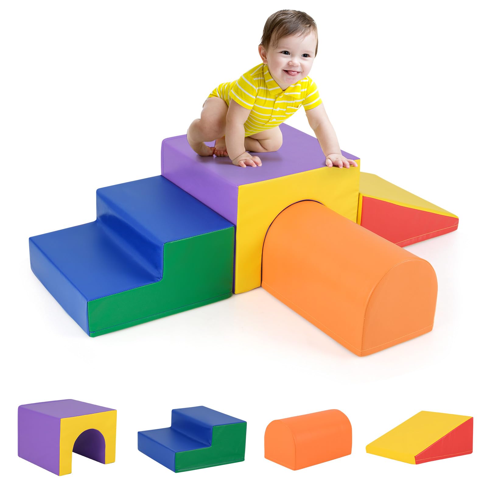 GOPLUS 4 PCS Parcours Motricité Bébé, Module Motricité en Mousse, PU+EPE Haute Densité, Attaches Auto-Agrippantes, Jouets Montessori Convient pour 3 Ans+ (Bleu+Orange)