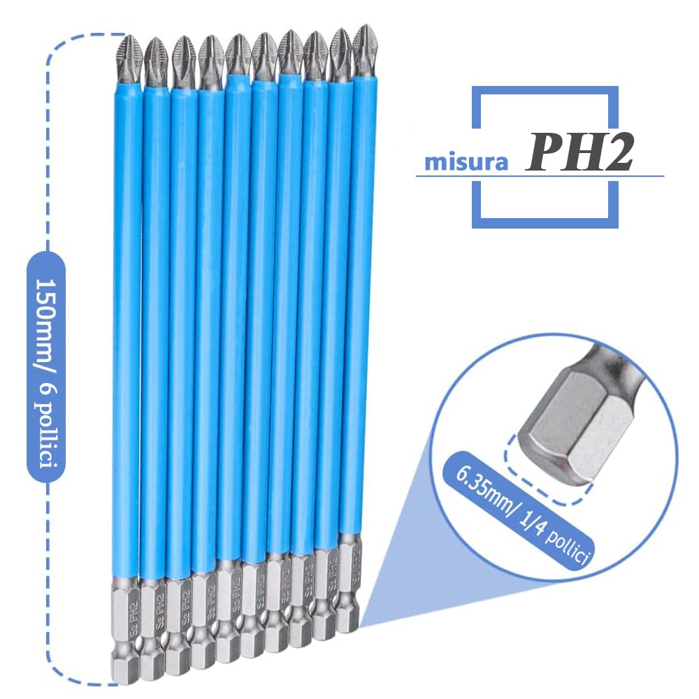 Mesee 10Pz Punte Cacciavite a Croce PH2 da 150mm Punte Cacciavite Phillips ad Impatto Punte da Avvitamento Antiscivolo Punta Esagonale in Acciaio S2 per Cacciaviti Avvitatori Trapani Elettrici