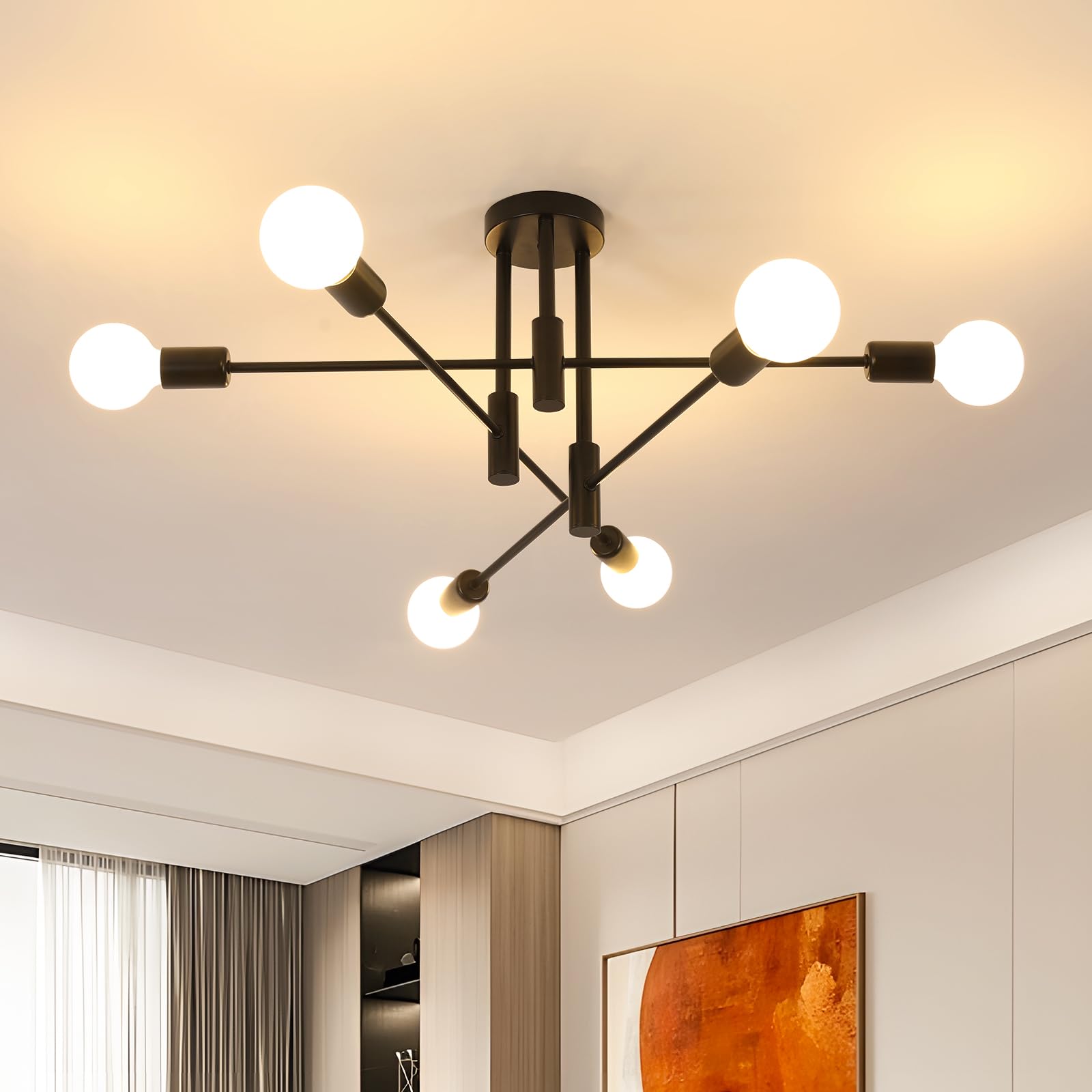 Goeco Lámpara de Techo Vintage, 70CM Lámparas Colgantes 6 Luces Portalámparas E27, Max.60W, Plafon de Techo de Metal Negro para Salón Dormitorio (No Incluidas Bombillas)