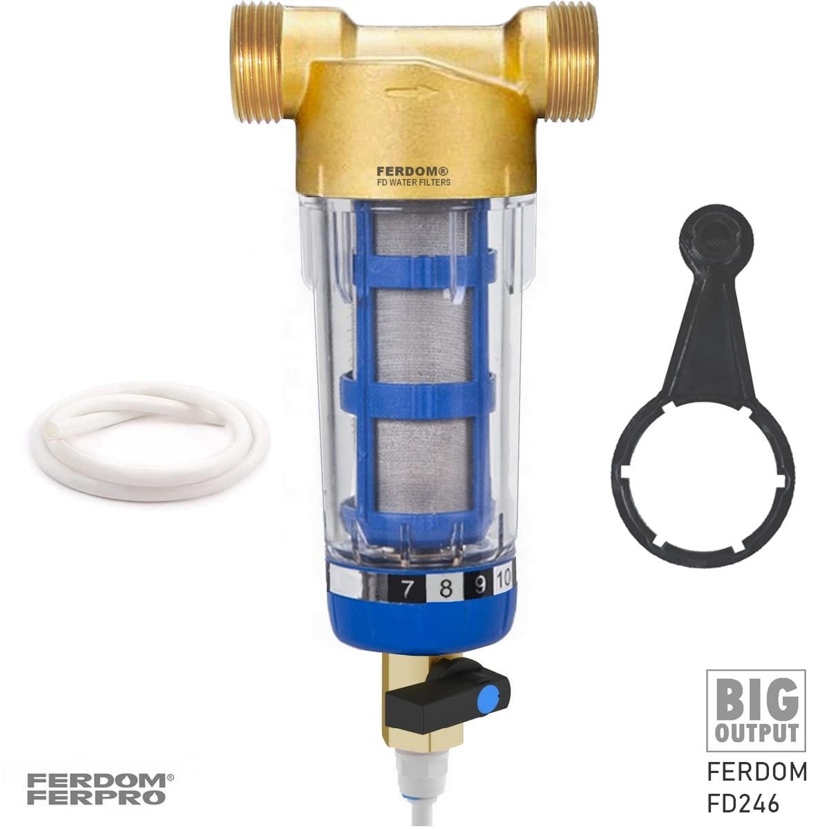 FERDOM FD246 BIG OUTPUT. Pre-Filtro, Sedimento Spin-Down. Maglia Inox 40-60 μm, 90 cm2, Riutilizzabile. Raschietto Inc. Testa In Ottone, Involucro Trasparente.