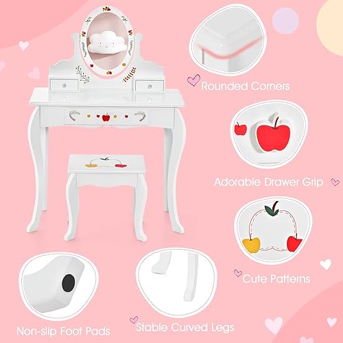 Miniatura 4 de Costzon Juego de tocador para niños con espejo, tocador de maquillaje de princesa 2 en 1, tocador para niños pequeños con espejo giratorio de 360,