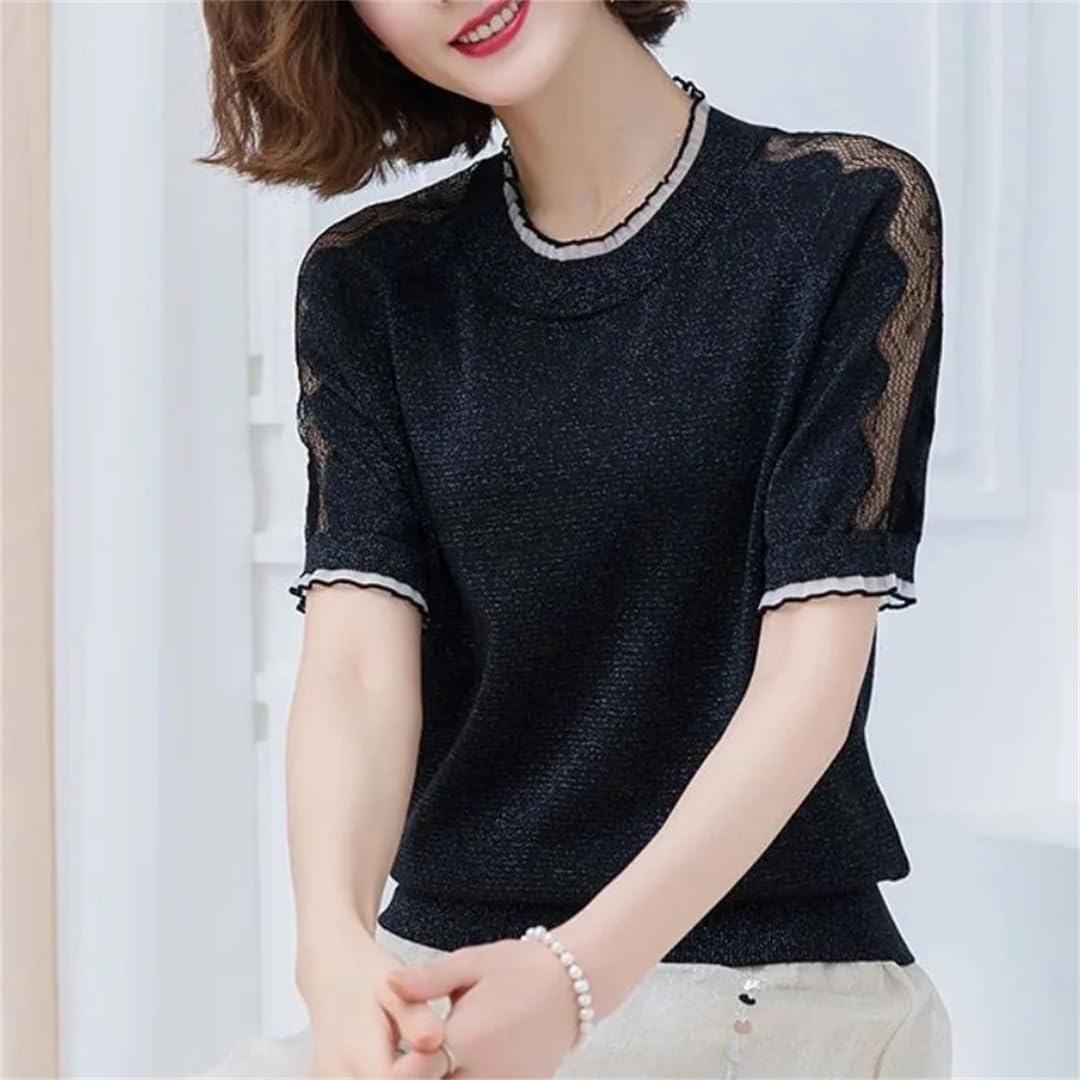 Maglieria estiva da donna a maniche corte in pizzo traforato girocollo casual top