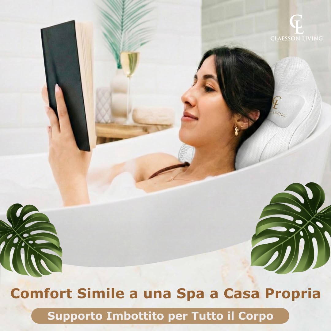 Cuscino Vasca da Bagno per Tutto il Corpo (126x41cm) – Cuscino Bagno con ventose e Poggiatesta (13cm); Supporta Collo, Schiena e Gambe – Incl. borse Lavaggio/Viaggio e Gancio Asciugatura – Bianco