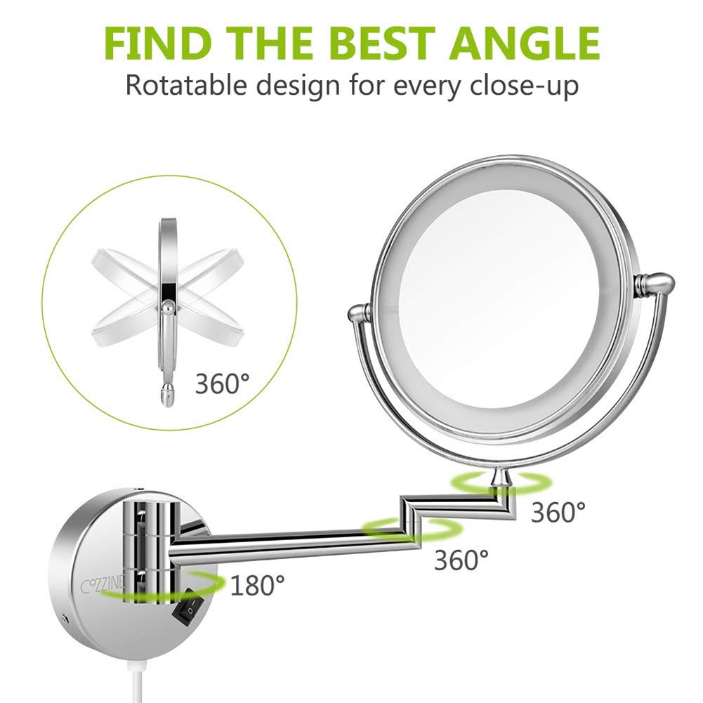 Espejo de maquillaje de montaje en pared, con Luz LED, giratorio de 360°, Espejo de baño de Doble Cara, Espejo de Aumento 3X, Espejo de baño plegable de Forma Redonda extensible, Black_8inch