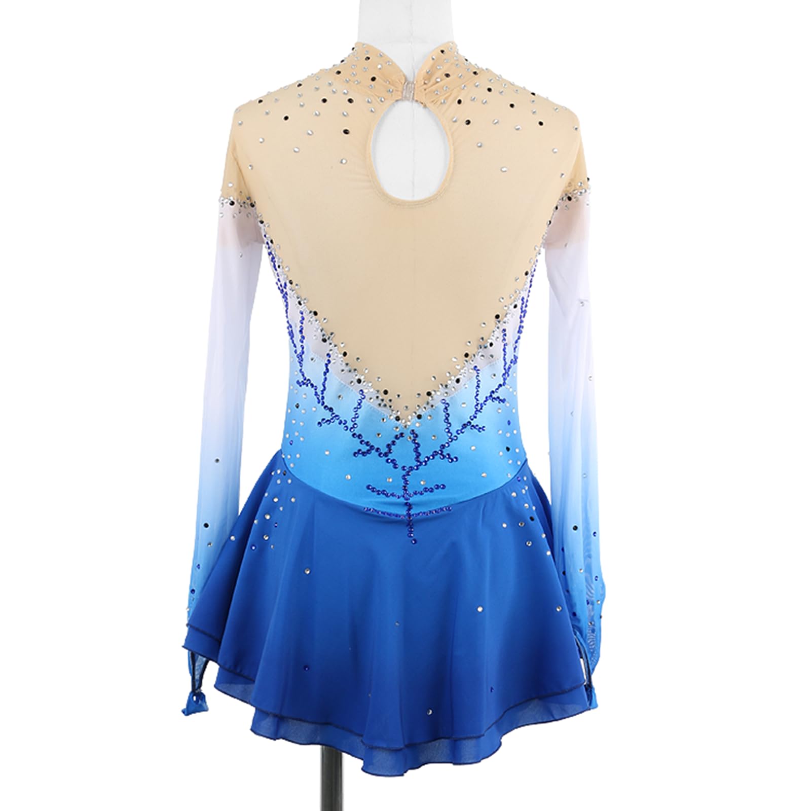 Vestido de Patinaje artístico, Cuello Alto con Diamantes de imitación degradados, Traje de competición, Leotardo de Danza lírica y Gimnasia, Vestido de Patinaje sobre Hielo (Azul XXL)