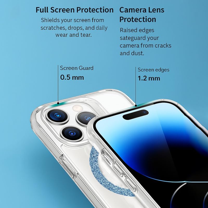 Image of AIBEX Back Cover Case Compatible with iPhone 14 Pro | Glitter Ring Cute Shiny Colorful Bling Case (Compatible with Magsafe) | Transparent PC+TPU Glossy Shiny Cover for Girls & Women - Blue