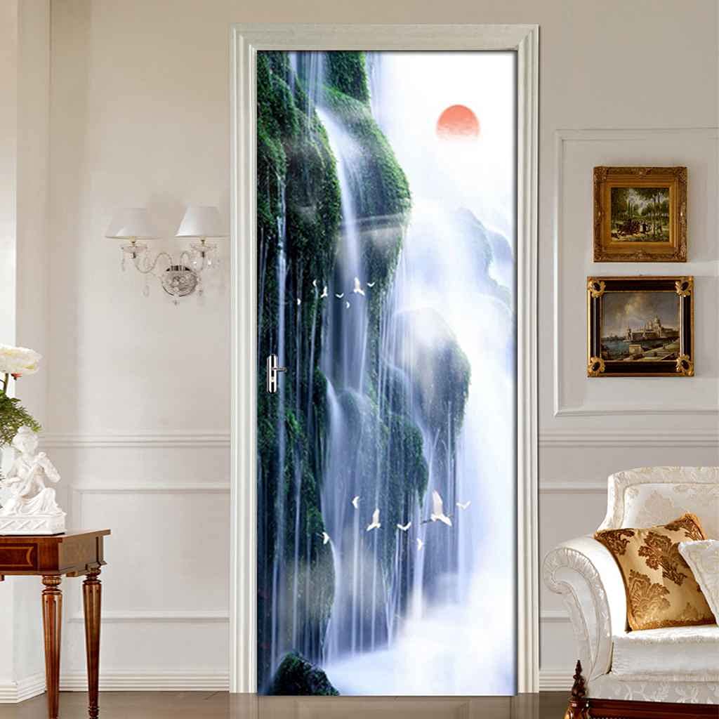 Door Mural for Interior Doors 3D sunrise waterfall landscape Removable Self-adhesive Wallpaper Poster Wall Art Stickers Door Stickers for nursery Kitchen kids Bedrooms Office Home Decor 77x200c