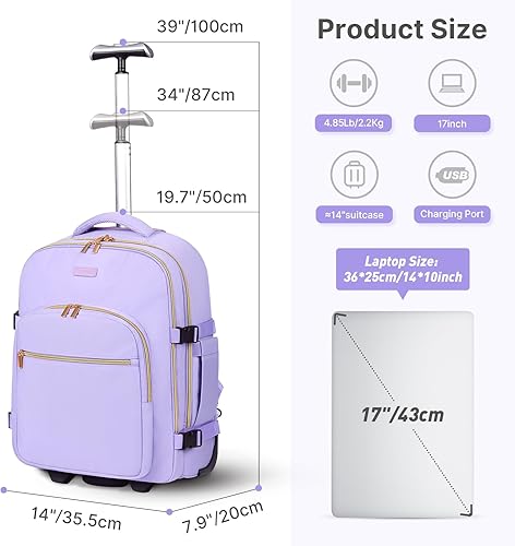 Miniatura 10 de DEVPNR Mochila con ruedas para mujer, mochila de viaje para laptop de 17 pulgadas con ruedas, avión debajo del asiento, bolsa de negocios nocturna,