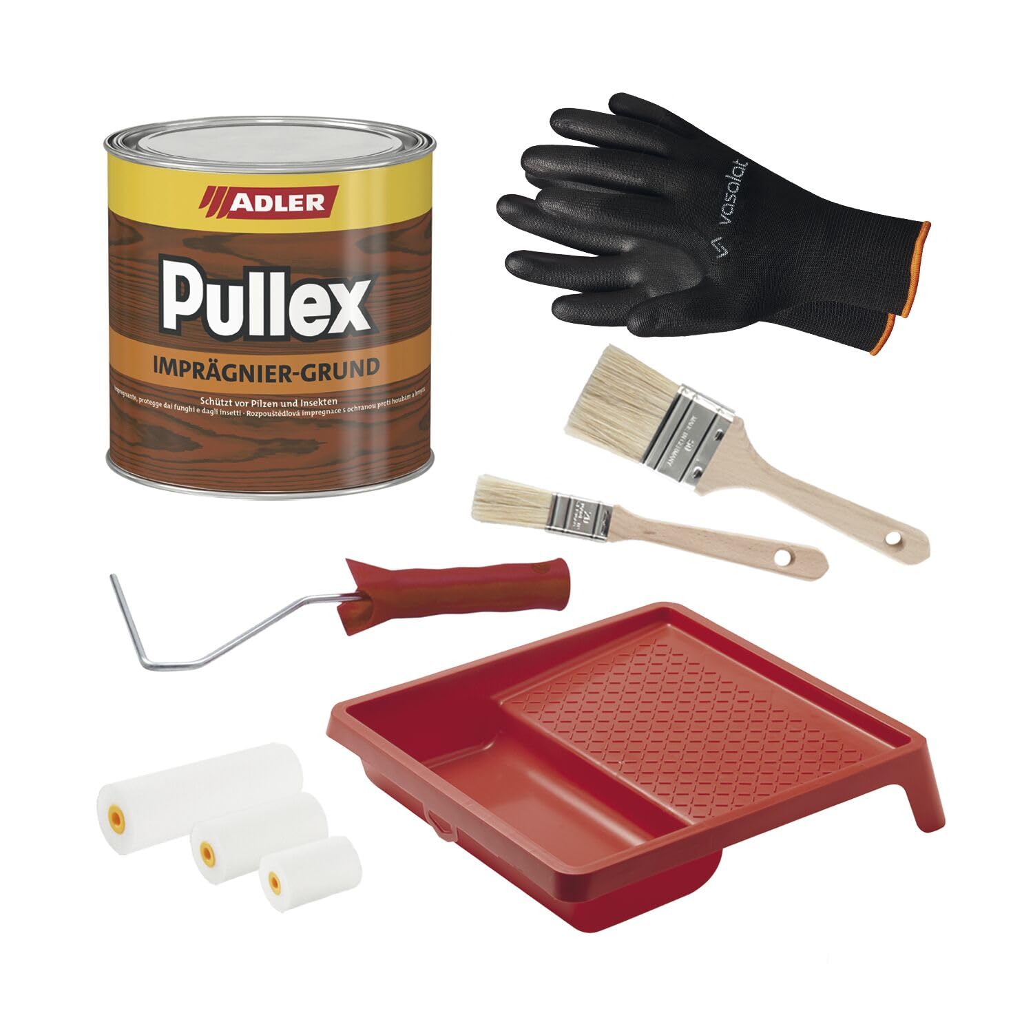 Adler Pullex Imprägniergrund - Grundierung Holz ideal zum Schutz vor Bläue, holzzerstörenden Pilzen und Insekten - mit 2x Pinsel + Lackroller Set mit Farbwanne, farblos 750ml