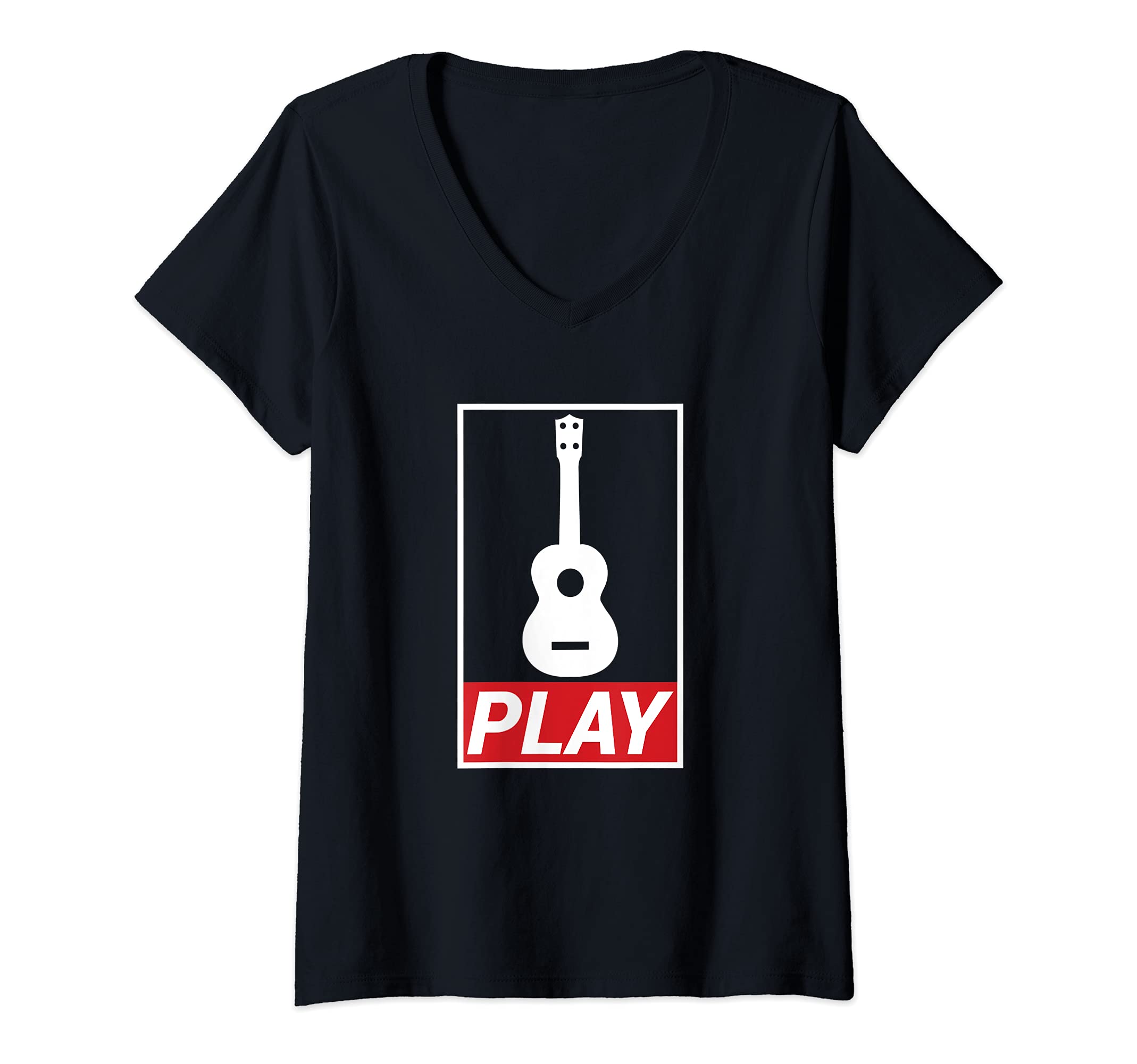 Womens Play Ukulele - White Red Design For Uke Players V-Neck T-Shirt