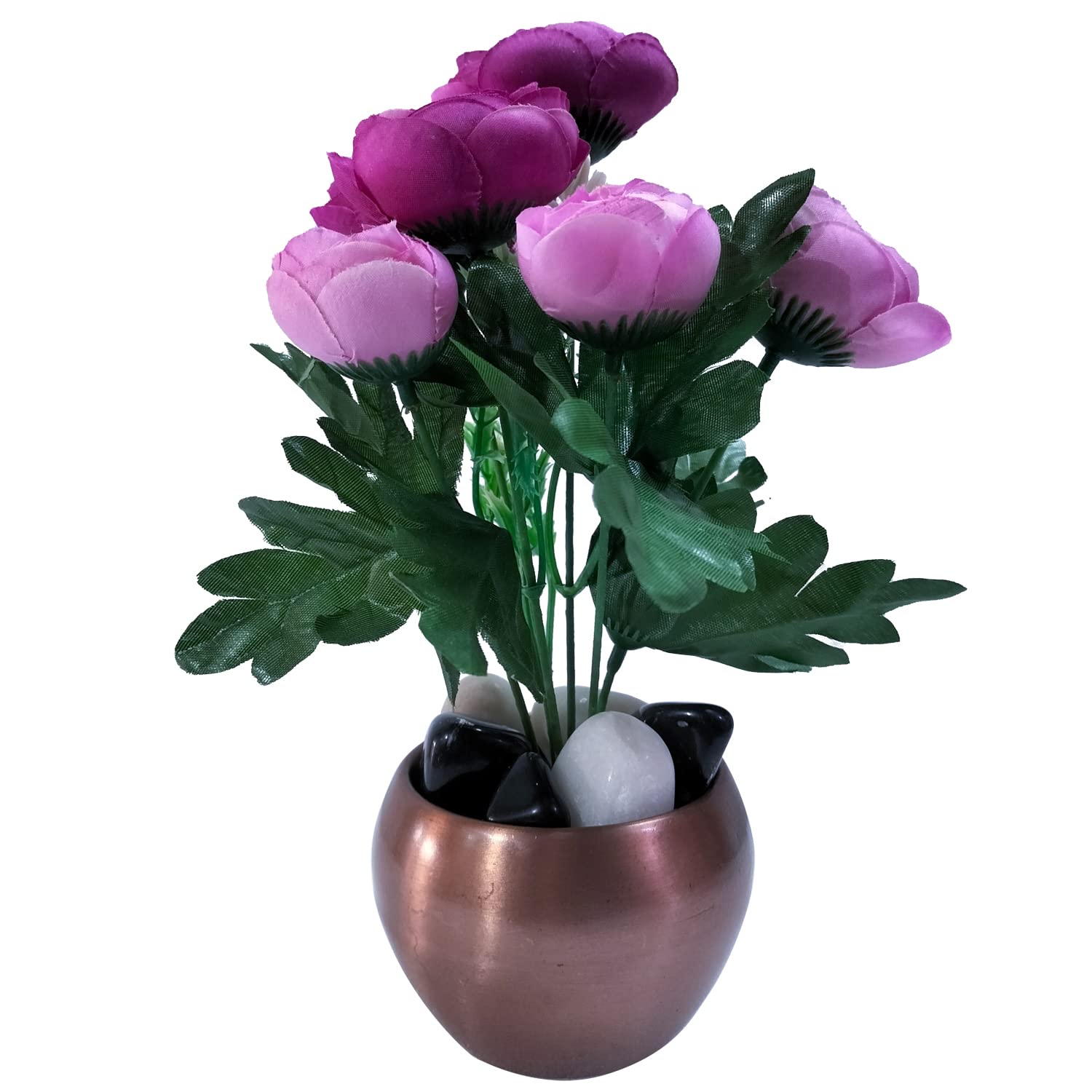 Caajib Decor's Artificial Imported 3D Re Silk Flower Bush in Imported East Asia Metal Pot with Beautiful Stones for Home, Bedroom, Gift Decoration