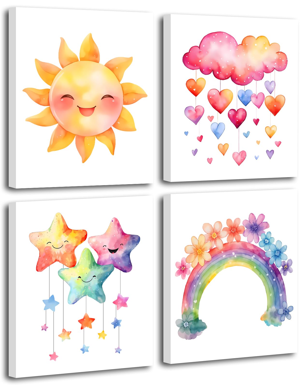 Framed Girls Rainbow Canvas Wall Art Set of 4 Pink Nursery Wall Decor Art Prints,Colorful Sun Clouds Hearts Art Posters for Classroom Kids Room Baby