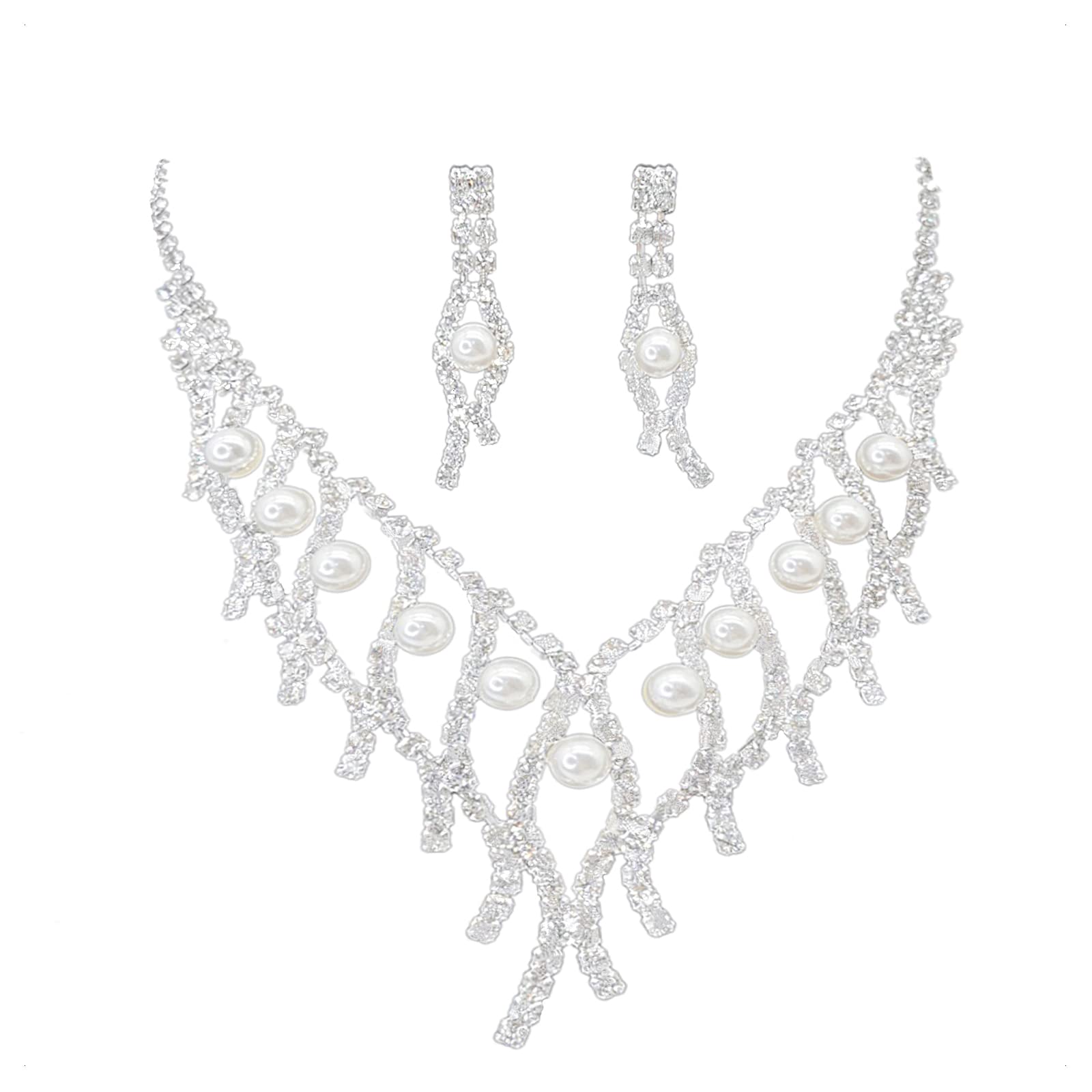 KONFEN Conjunto de Joyas de Boda, Juegos de Joyas Mujer con Rhinestones Perlas Artificiales, Conjunto Pendientes y Collar Mujer, Novia Set joyeria Colgante Regalo San Valentín para Novia Mujeres Niñas
