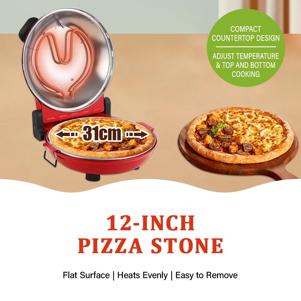 Elektryczny piec do pizzy, piec do pizzy do domu z kamienną płytą 31 cm, do 420 °C z wkładem na patelnię, 2 x łopatka do pizzy, nóż (czerwony)