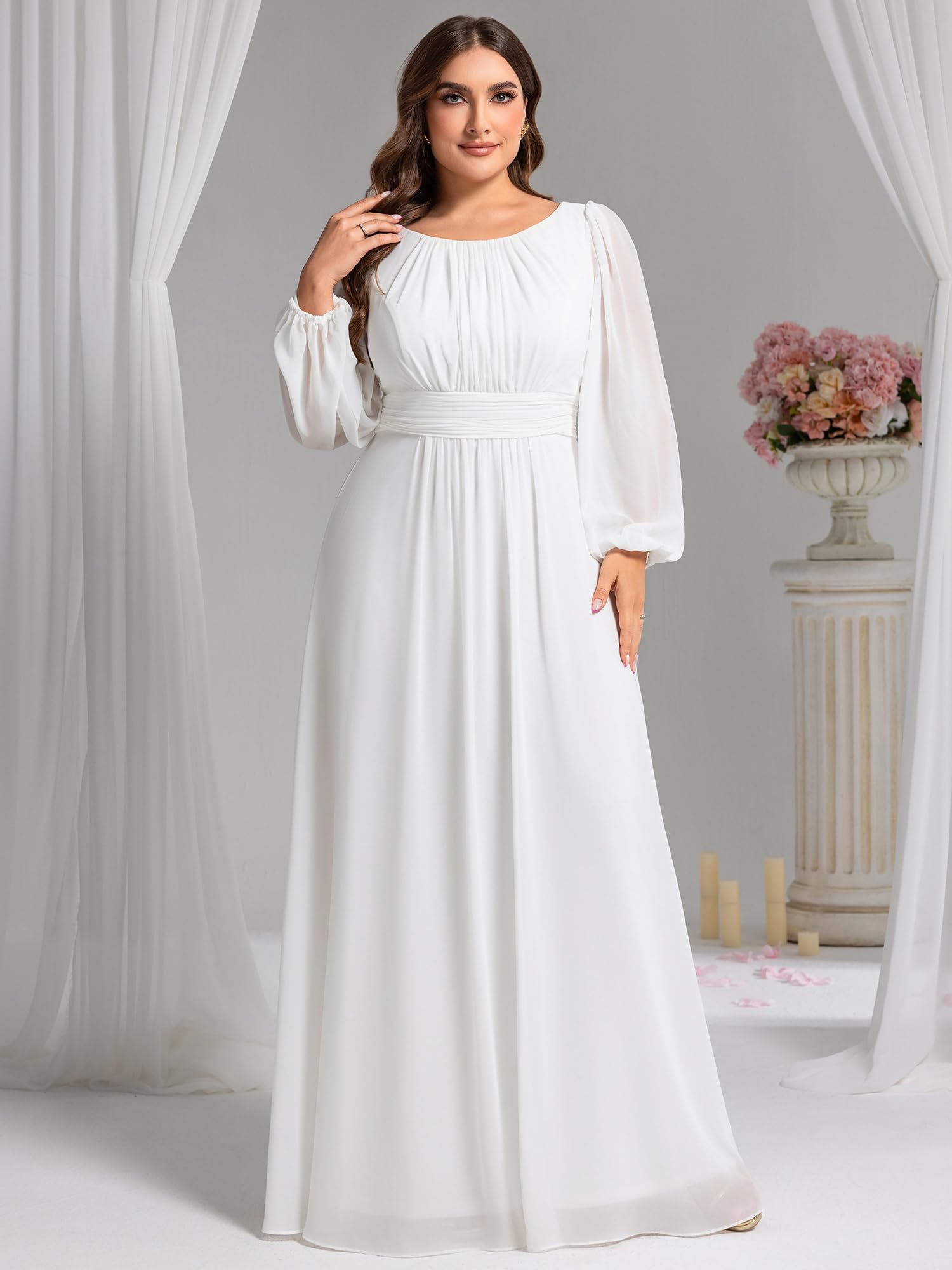 Ever-Pretty Damen-Kleid, Rundhalsausschnitt, lange Ärmel, plissiert, Empire-Taille, Chiffon, fließend, Übergröße, formelles Kleid, Brautjungfernkleid