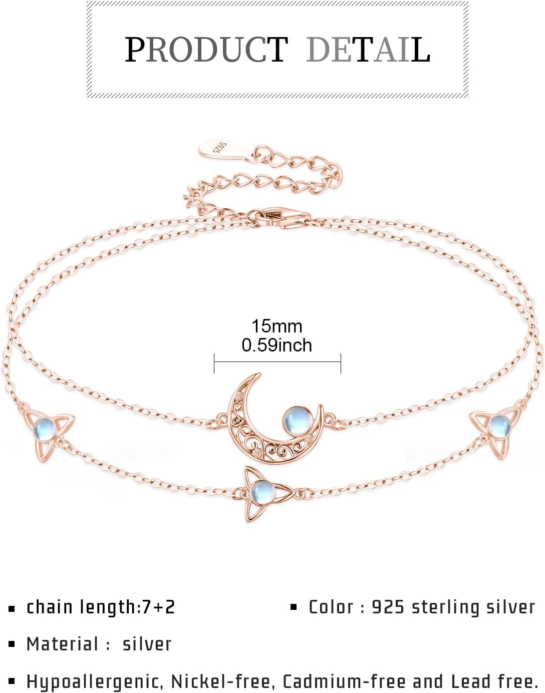 Moon Layered Bracelet 925 Sterling Silver Celtic Moon Moonstone Anklet Irish Celtic Knot Jewelry Gifts for Women - Image 3