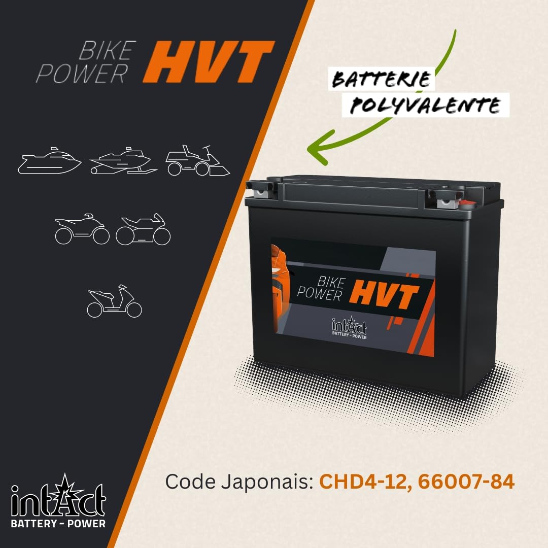 intAct - HVT BATTERIE DE MOTOCYCLE | Batterie pour scooter, moto, etc. Batterie sans entretien & anti-fuite. | HVT-07, CHD4-12, 66007-84, batterie 12V, 30 AH (c20), 350 A (EN) | Dim: 205x130x165mm
