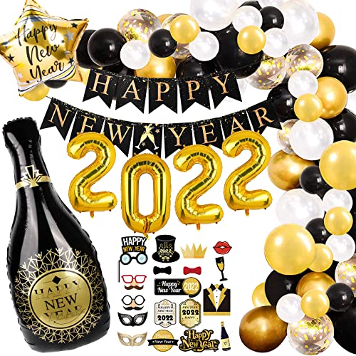 Silvester Deko 2022, Party Deko Silvester Luftballon Girlande, 126 Stück Neujahr Ballon Girlande Schwarz Gold Konfetti Luftballons, Champagner Stern Folienballon, Fotorequisiten für Party Dekoration Cover