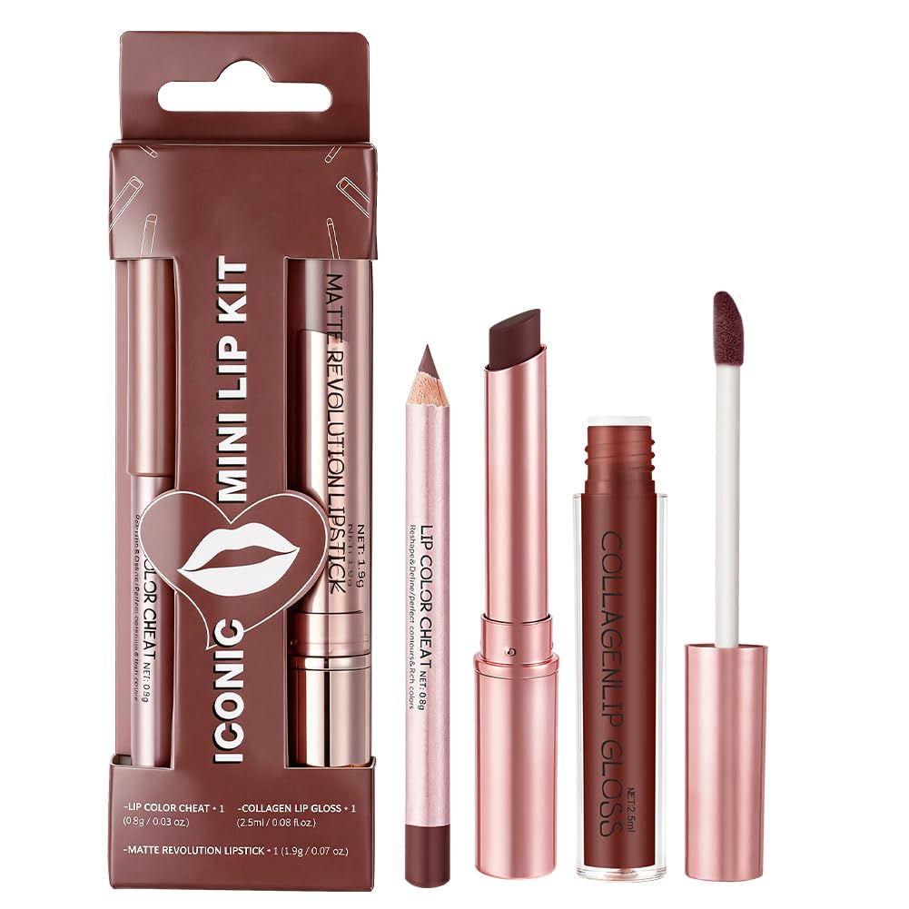 LOPHE Lippenstift Matt Lipgloss Set, 3 in 1 Mattes Lippenstift Lipliner Set, Feuchtigkeitsspendender Lipstick Wasserfest und Langanhaltend, Nr. 3-Rotbraun