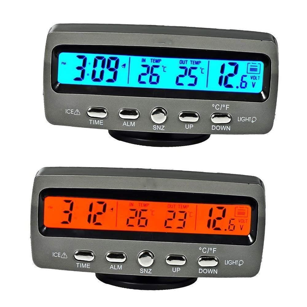 Baceyong Car Thermomètre Voltmeter Horloge Monitor, Multifonctionnel, LCD Numérique, Noir, -10°C à 50°C, Alimenté par Pile