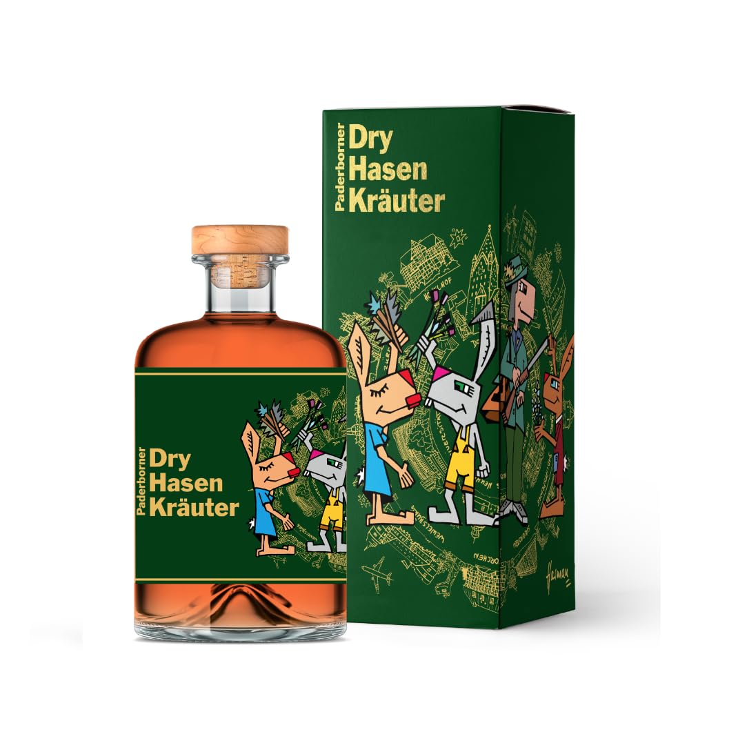 Dry Hasen Kräuter | Kräuterlikör mit Geschenkverpackung | Geschenk, Mitbringsel, Souvenir für Paderborner | Drei Hasen | Gemeinsam mit Herman Reichold kreiert, Einzelflasche 500ml | 30% Vol.