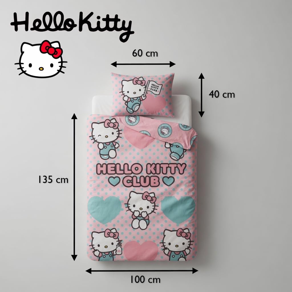 Hello Kitty Club Housse de Couette Bébé 100x135 + Taie 40x60 Rose Bleu | Parure de lit bébé réversible | Coton naturel doux respirant Oeko-Tex | Sanrio | Fille 0-3 ans | Lit à barreaux
