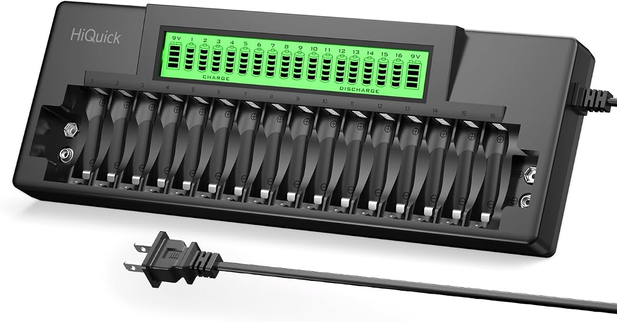 HiQuick 16+2 Bay Battery Charger, Fast Charge for AA AAA 9V NiMH/NiCD, LCD | Charge up to 16 AA/AAA & 2 9V batteries at once， LCD display，detects bad batteries，charging with multi-protection design