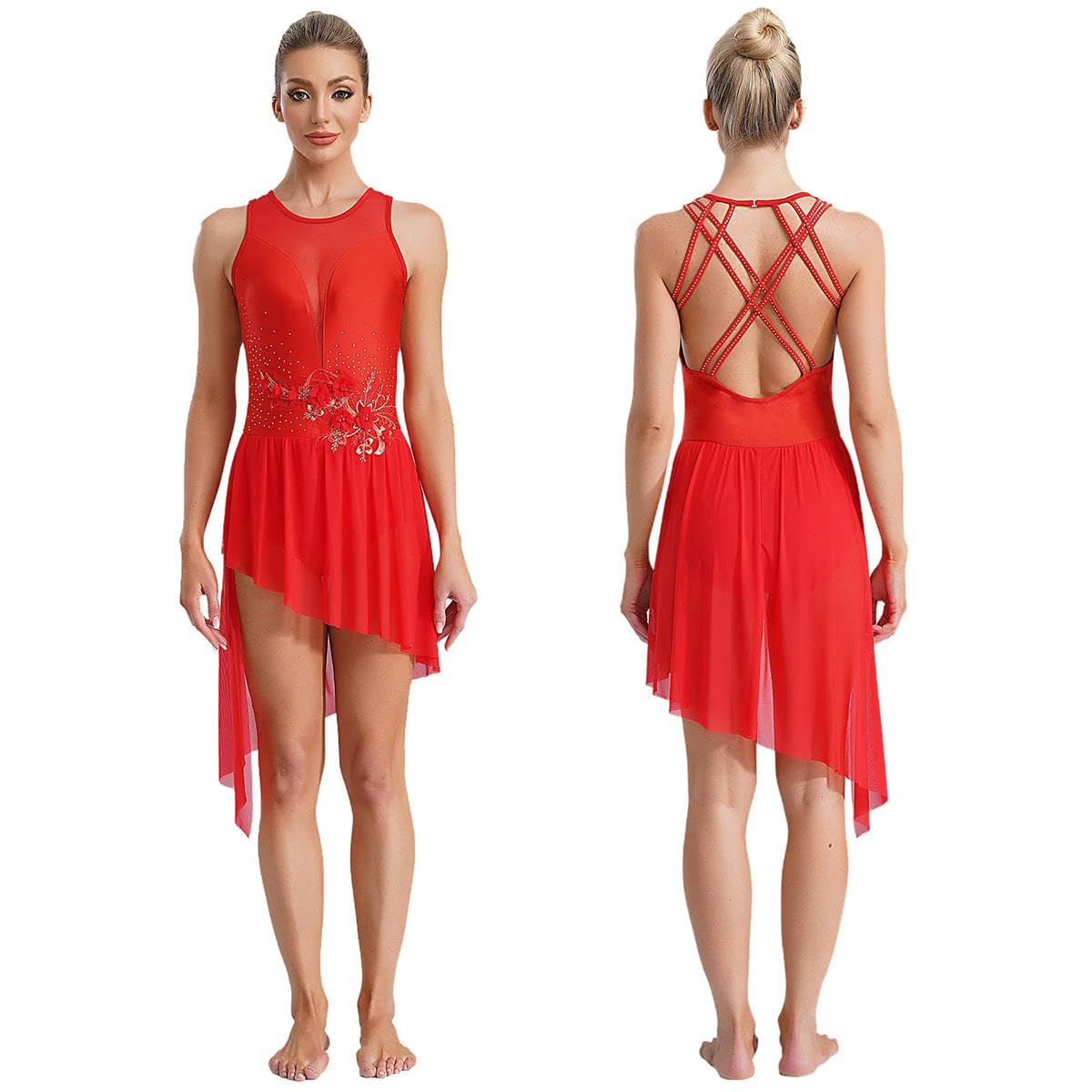 Vestido de baile lírico para mujer, ballet, patinaje artístico, gimnasia, rendimiento, baile, leotardo sin mangas, rosso, XXL