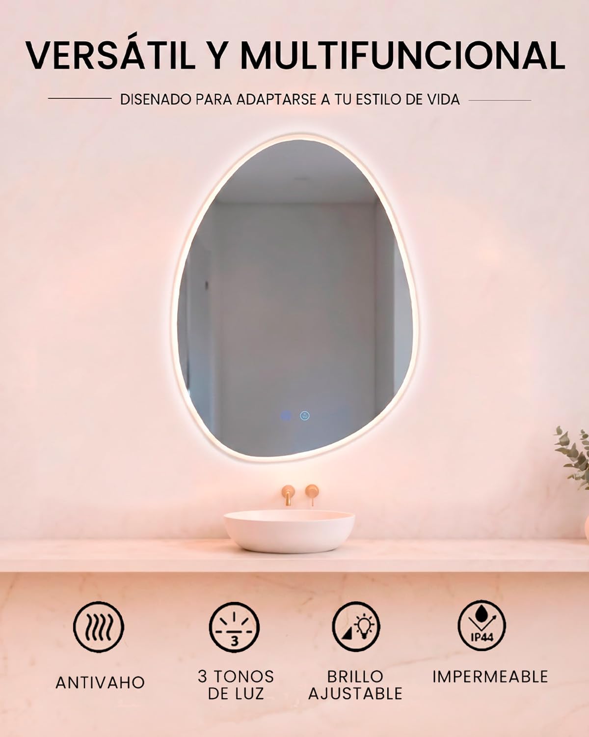 Marctani Espejo Baño Irregular con Luz LED Regulable en 3 Colores - Espejo de Pared ANTIVAHO con Ajuste de Brillo e Interruptor Táctil - Espejos Inteligente (Irregular 60x45 cm)