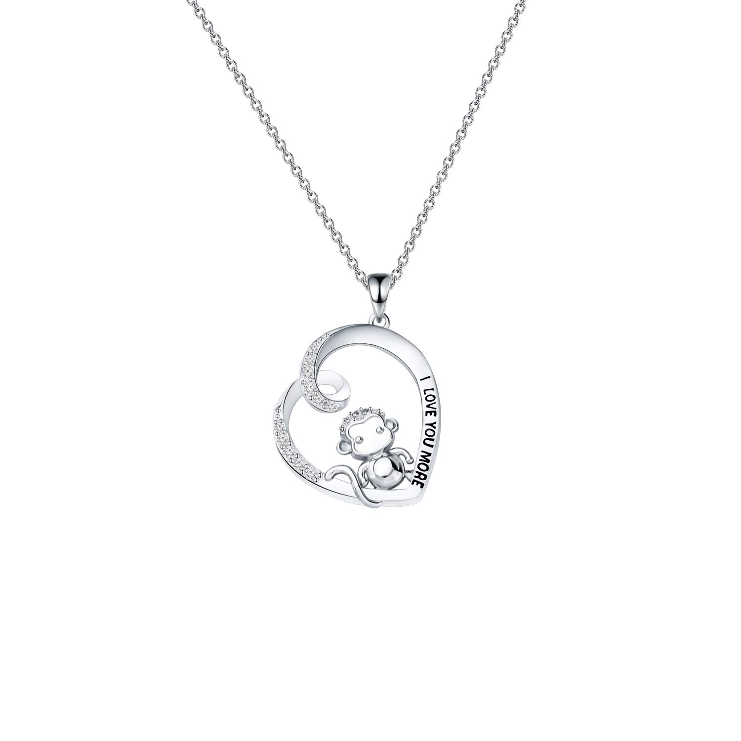 FEELMEM Monkey Necklace Engraved I Love You More CZ Monkey Love Heart Pendant Necklace for Women Animal Lover Monkey Gift(silver)