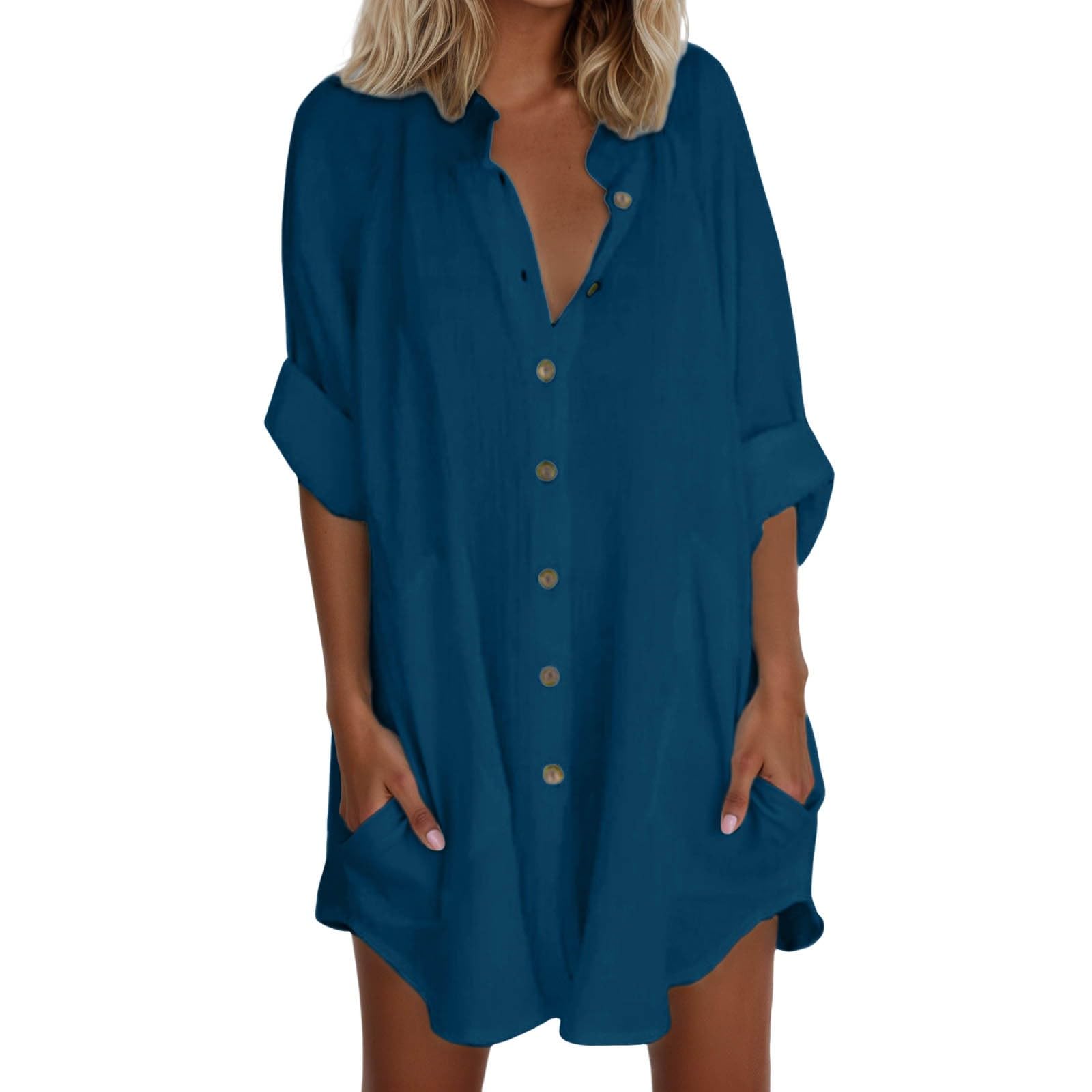 Generico Abito Estivo Donna in Lino con Bottoni da Spiaggia Casual Scollo a V Manica Corta Linea A Camicetta Elegante Lungo Dress Copricostume Prendisole