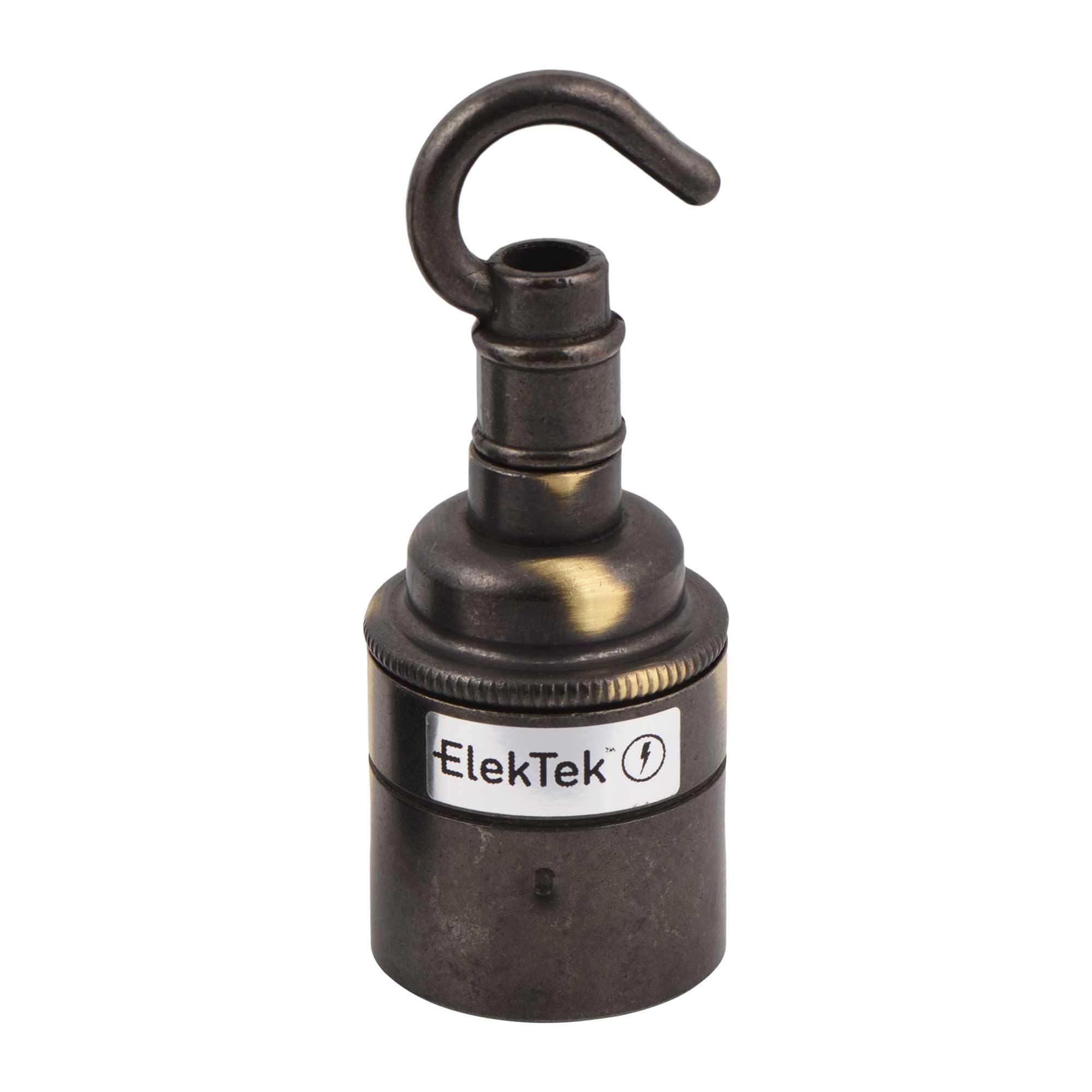 Douille patère ElekTek ES Edison à vis E27 et jupe lisse avec crochet accessoire Idéale pour les ampoules à filament vintage Laiton Aspect Vieilli Brossé