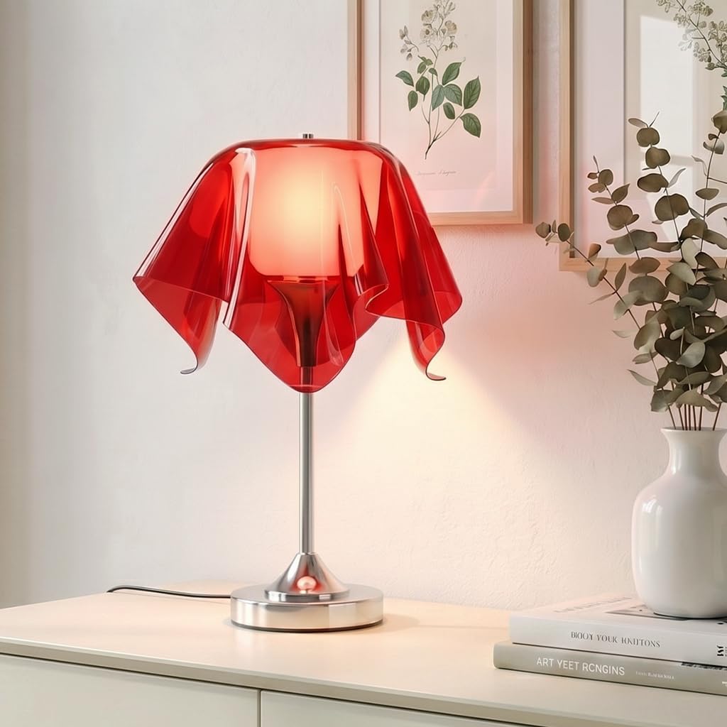 Rote Tischlampe,Schreibtischlampe E27 Mit Akryl Falten Schirm Und Chrom Ständer,Nachttischlampe Für Wohnzimmer,Schlafzimmer, Büro,Leselampe und Moderne Tischlicht,Keine Glühbirne Enthalten