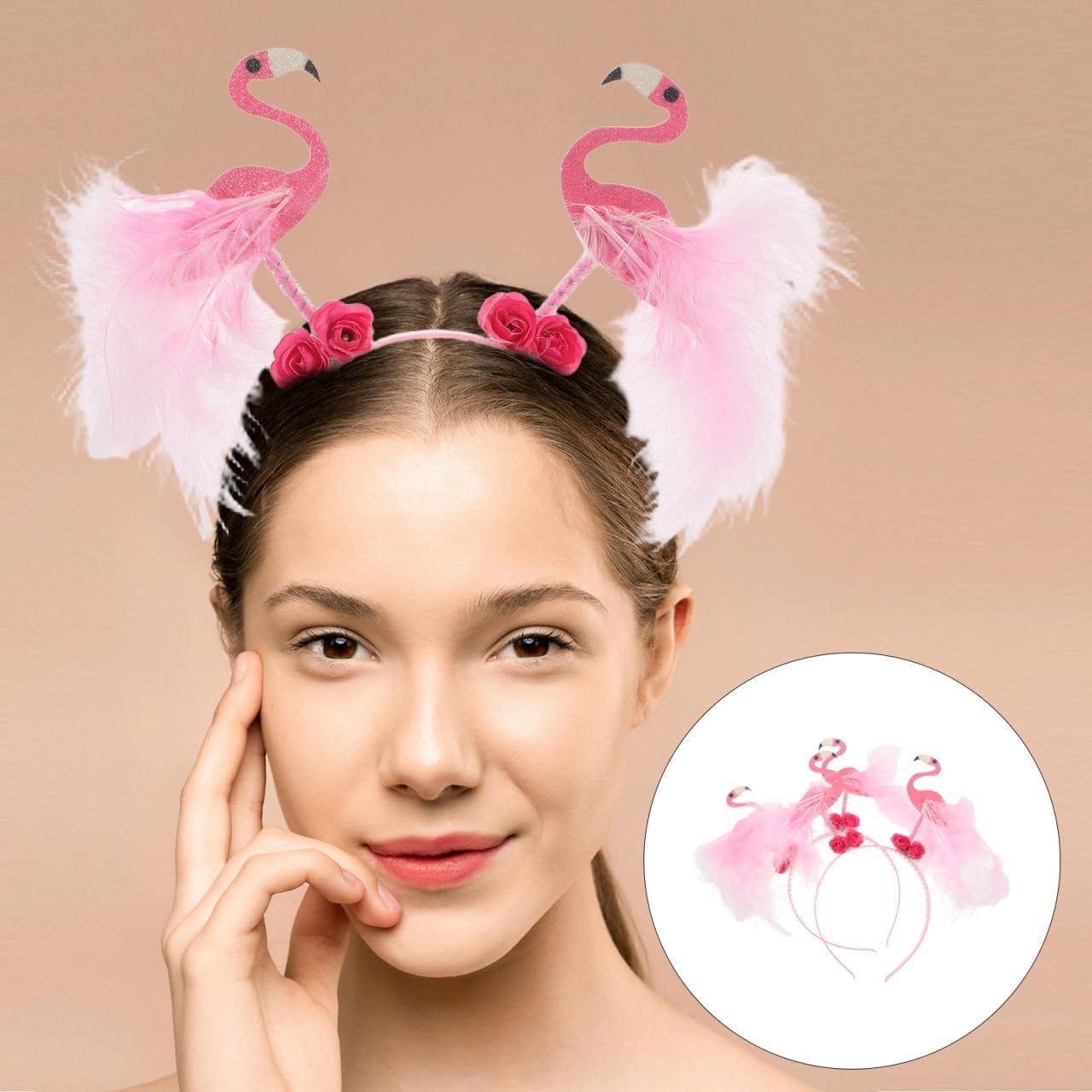 Garneck 2pcs Summer Themed Flamingo Headdress Tropical Fuzzy Headbands For Hawaiian Beach Party Carnival Cosplay Birthday Luau Party Decorations