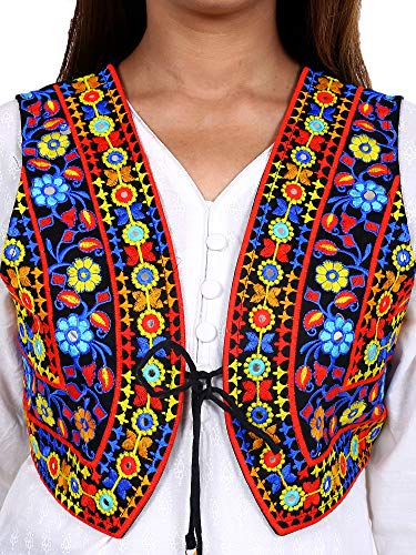 Image of Craft Trade Women's Cotton Embroidered Kutchi Jacket with Tassels Sleeveless Mirror Work