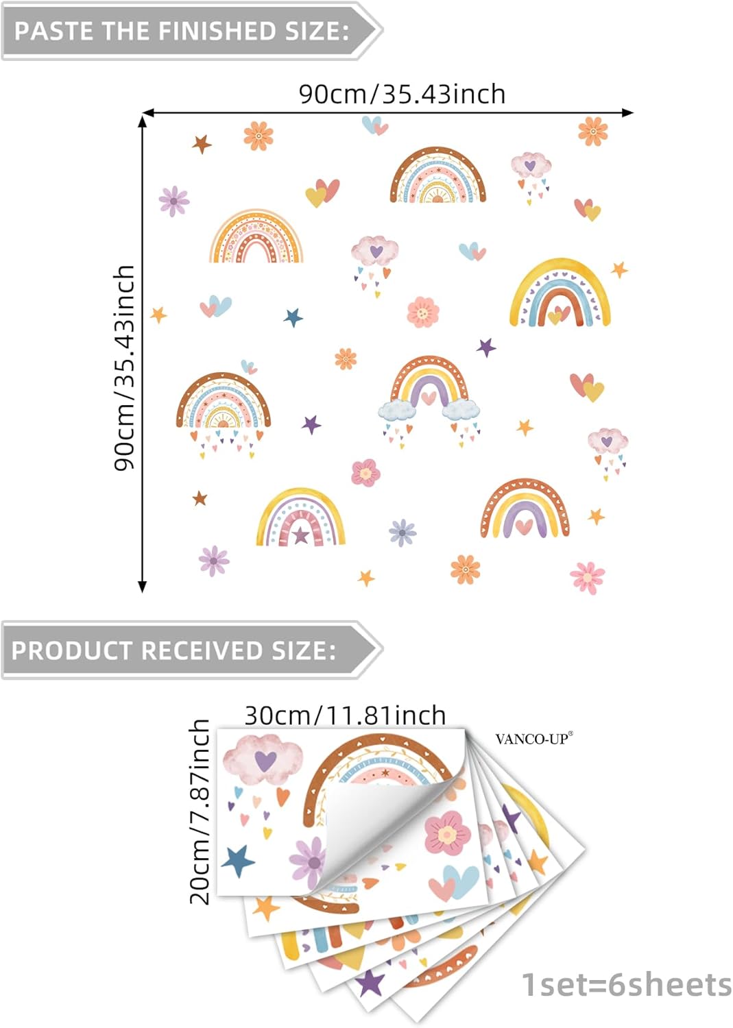 Rainbow Heart Pattern Wall Stickers- Watercolor Window Decal Peel & Stick Removable Art Decoration for Home Bathroom Bedroom Nursery Kids Room Decor,90 cm x 90 cm